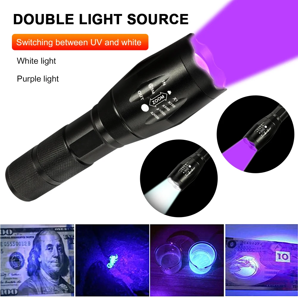 Portable 150LM XPE UV Mini Flashlight White Purple Light Outdoor Zoomable 395nm Backlight Ultraviolet Torch Detector