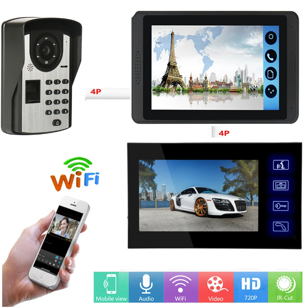 618806FD12 Приложение дистанционного разблокирования видеодомофон 7 дюймов Wifi беспроводной видеодомофон дверной звонок Домофон Система Пароль отпечаток пальца камера комплект - Цвет: 618806FD12