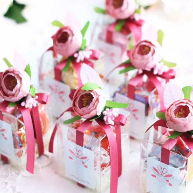 6x6x8cm 10pcs DIY clear / grind arenaceous flower pvc box new wedding gift box transparent European silk flower candy gift box