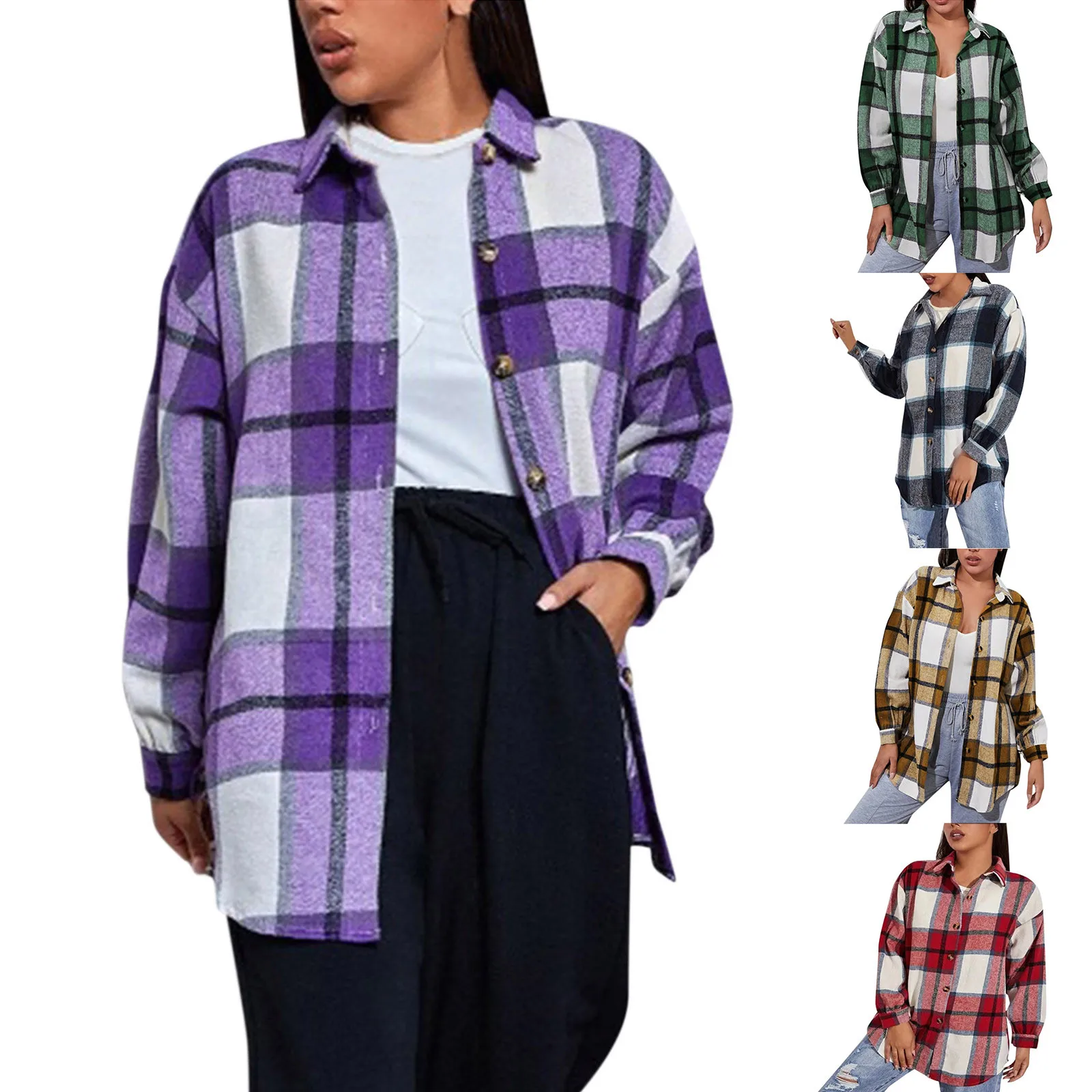 Autumn and Winter Women Jacket Turn Down Overcoat Vintage Plaid Print Long Coat Oversize Female Shirt Jacket Tunic Tops Camisas