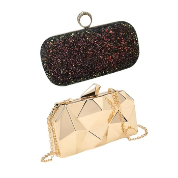 

2 Pcs Women Elegant Purse Chain Handbag Evening Wedding Prom Banquet Party Handbag Shoulder Bag, 1Pcs Golden & 1Pcs Black