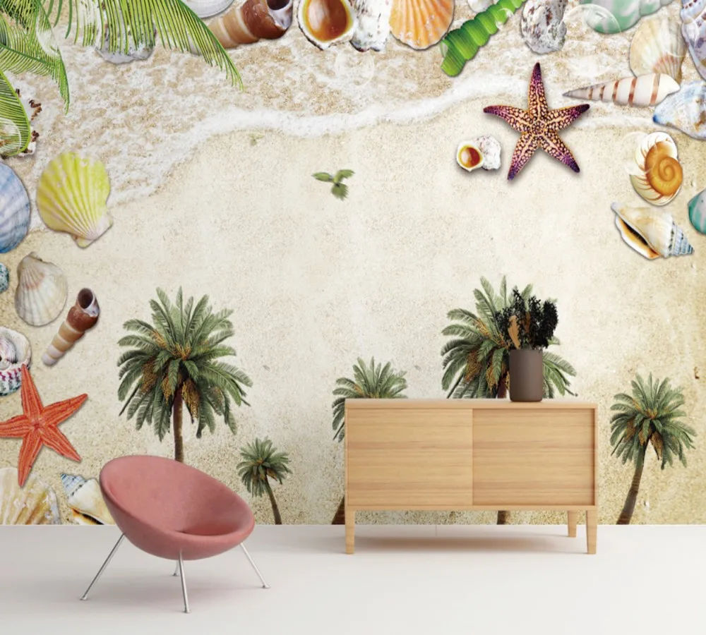 

Dropship Custom 3D Mural Mediterranean Style Coconut Tree Beach Beach Tropical Style Background Cute Girl Room Wallpaper