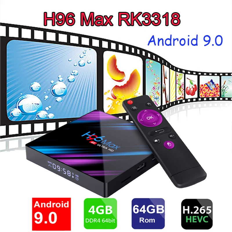 ТВ приставка H96 max RK3318 Android 9,0 ТВ приставка 4 Гб+ 64 Гб WiFi 2,4G/5G 4K HD 1080P Bluetooth медиаплеер 4K Netflix H96 Максимальная приставка