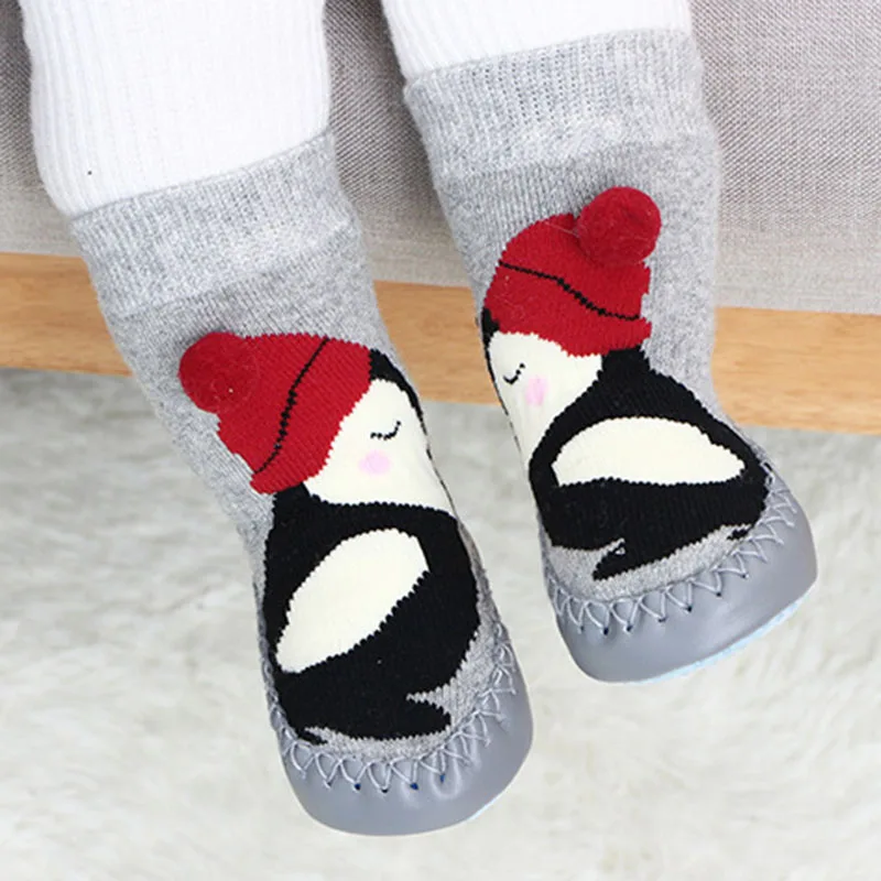 Newborn Baby Socks Cotton Baby Girl Sock with Rubber Toddler Indoor Sock Winter Thick Terry Shoes Soles Infant Animal Funny Sock - Цвет: dark gray