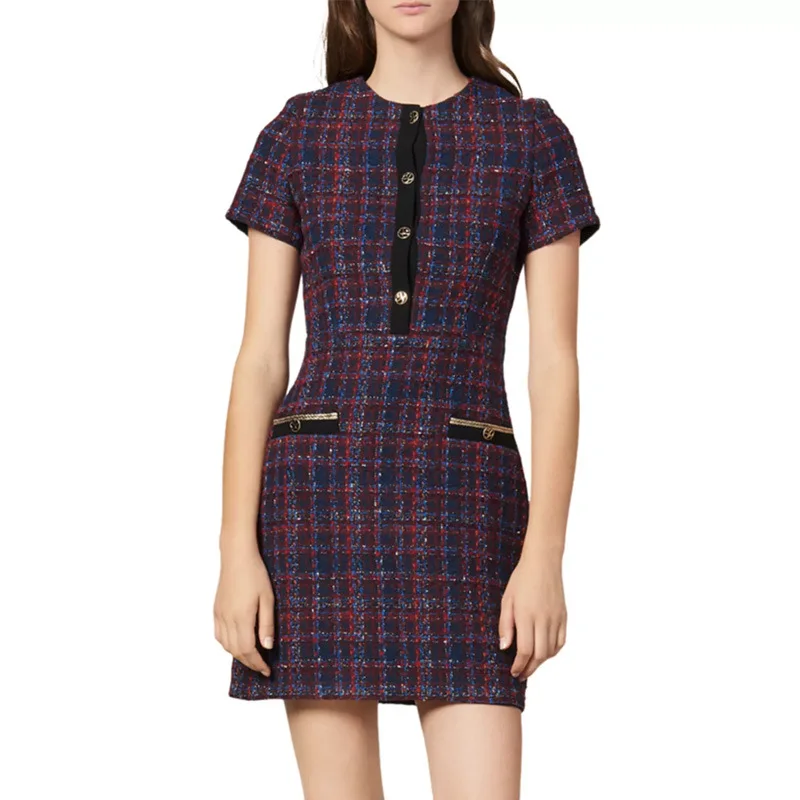 

French Elegant's Home 2019 Autumn And Winter New Products Graceful Crew Neck Tweed Slim Fit Short-sleeve Dress Women's