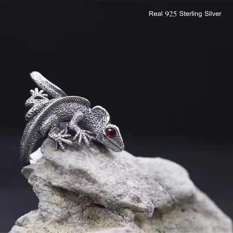 Silver Ring Buyee 925 Sterling Silver Male Big Ring Finger Elegant Lizard Open Ring for Men Women Fashion Unique Animal Fine Jewelry Circle
