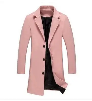 Осень и зима Мужская однотонная ветровка Модная Повседневная тонкая Длинная ветровка мужское хлопковое пальто с отложным воротником для мужчин - Цвет: Pink
