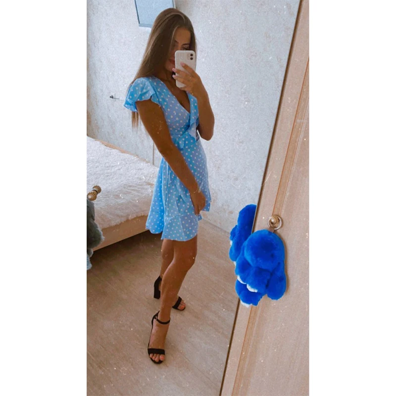2020 Chiffon Fashion Print Polka Dot V-neck ruffle dress women Belt dress Summer Short sleeve Dress aa924