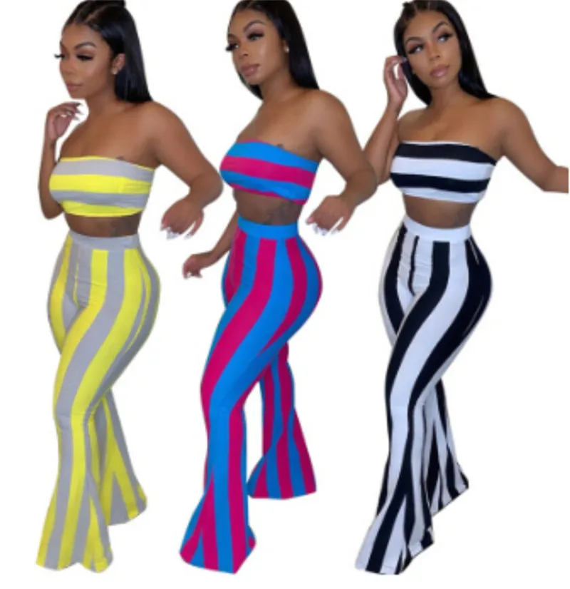 2020 Women Casual Striped Set Strapless Tube Tops+Flare Pants Bell Bottoms 2PCS Fashion Ladies Outdoor Summer Clothing S-2XL
