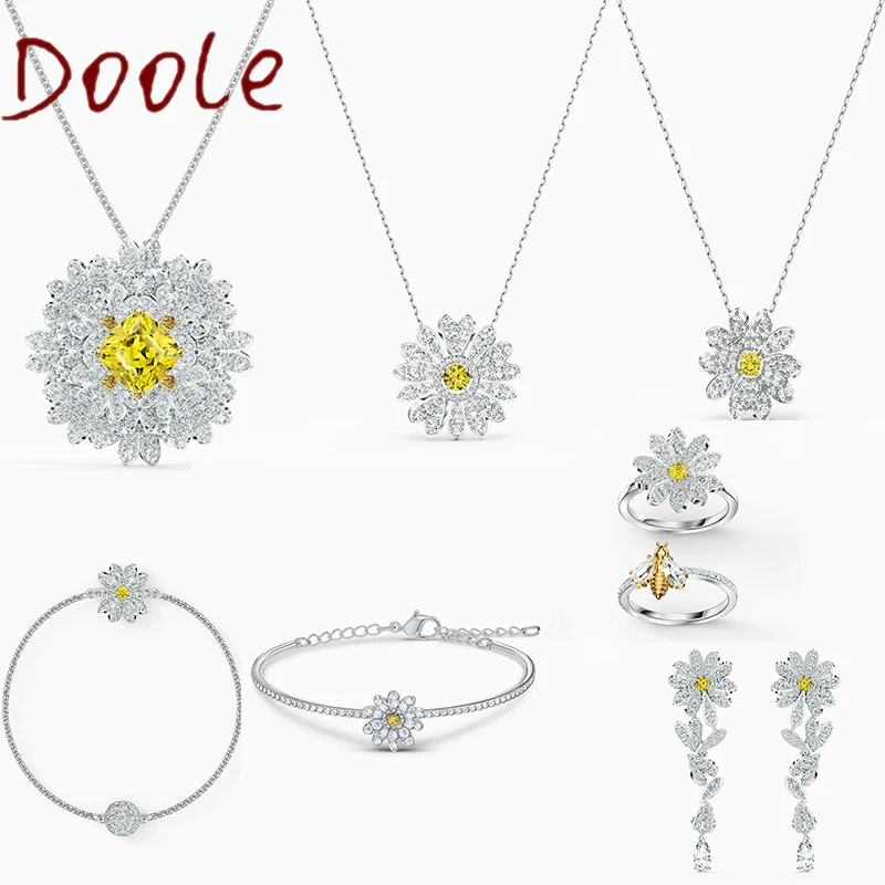 

SWA 2020 Fashion Jewelry High Quality Glamour Sun Flower Yellow Crystal Pendant Necklace Set Daisy Flower Necklace Women
