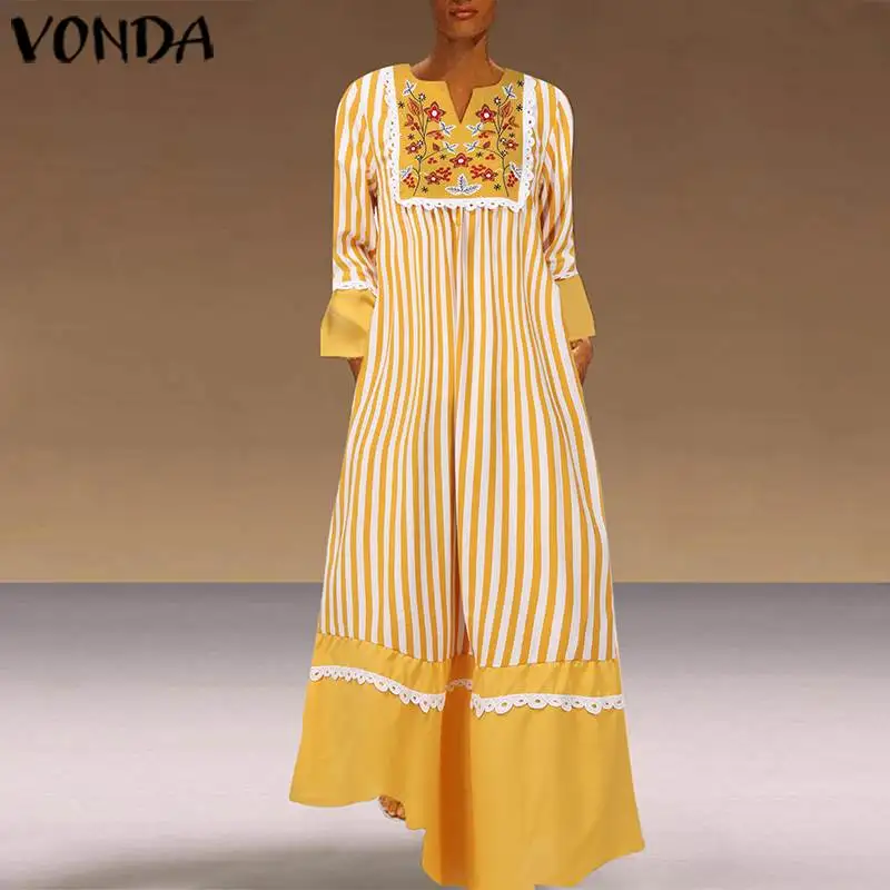 VONDA, женское модное осеннее платье, богемное, с цветочным принтом, длинные платья в винтажном стиле, в полоску, из кусков, вечерние платья размера плюс, Vestidos