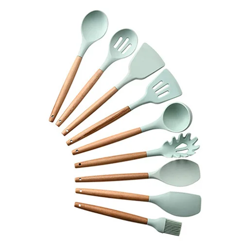 light green 9pcs-B Новейший набор силиконовых кухонных принадлежностей с деревянной ручкой, антипригарная лопатка черпак, кухонные инструменты FDA с ящиком для хранения - Цвет: light green 9pcs-B