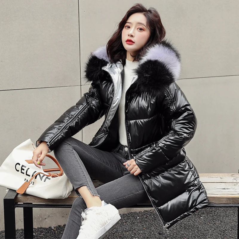 

2020 Big Fur Hooded Jacket Women Long Winter Coat Female Glossy Casual Jackets Cotton Padded Parka Manteau Long Femme Hiver
