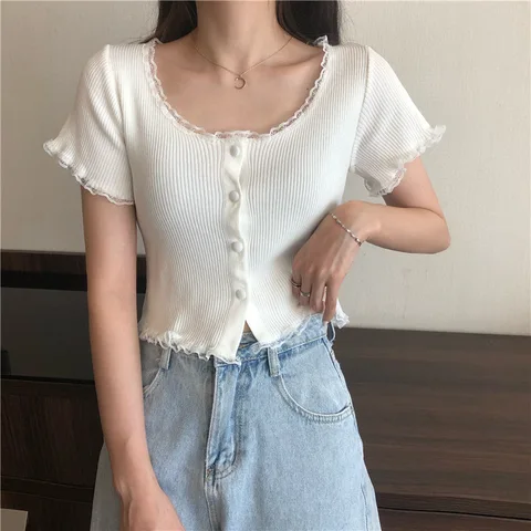 Neck Ruffles Short Sleeve T Shirt Women Summer Casual Button Crop Top Basic Blue Pink T Shirt Tops