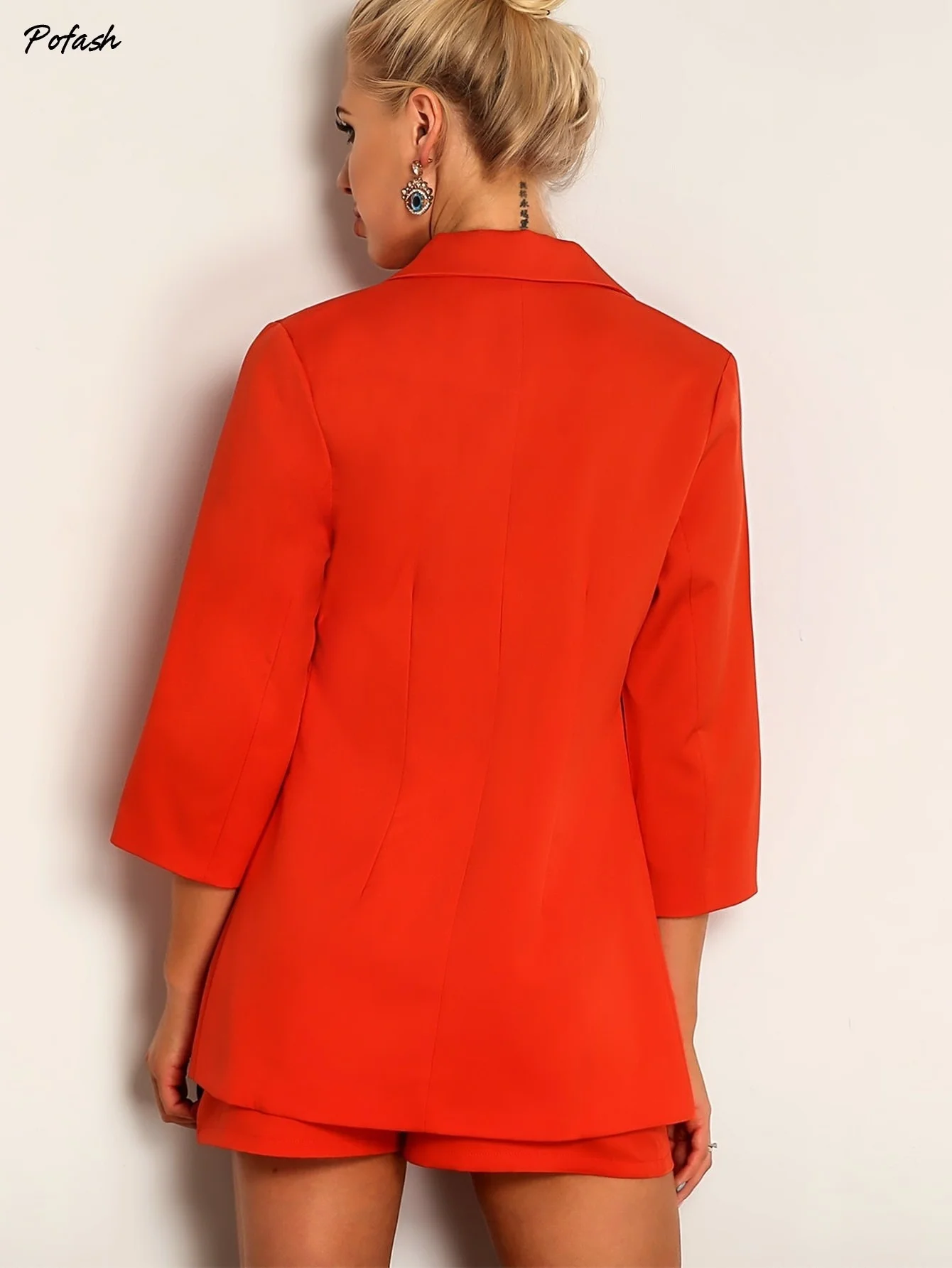 Joyfunear Neon Orange Single Button Blazer & Ring Detail Short Set Joyfunear Neon Orange Single Button Blazer & Ring Detail Short Set