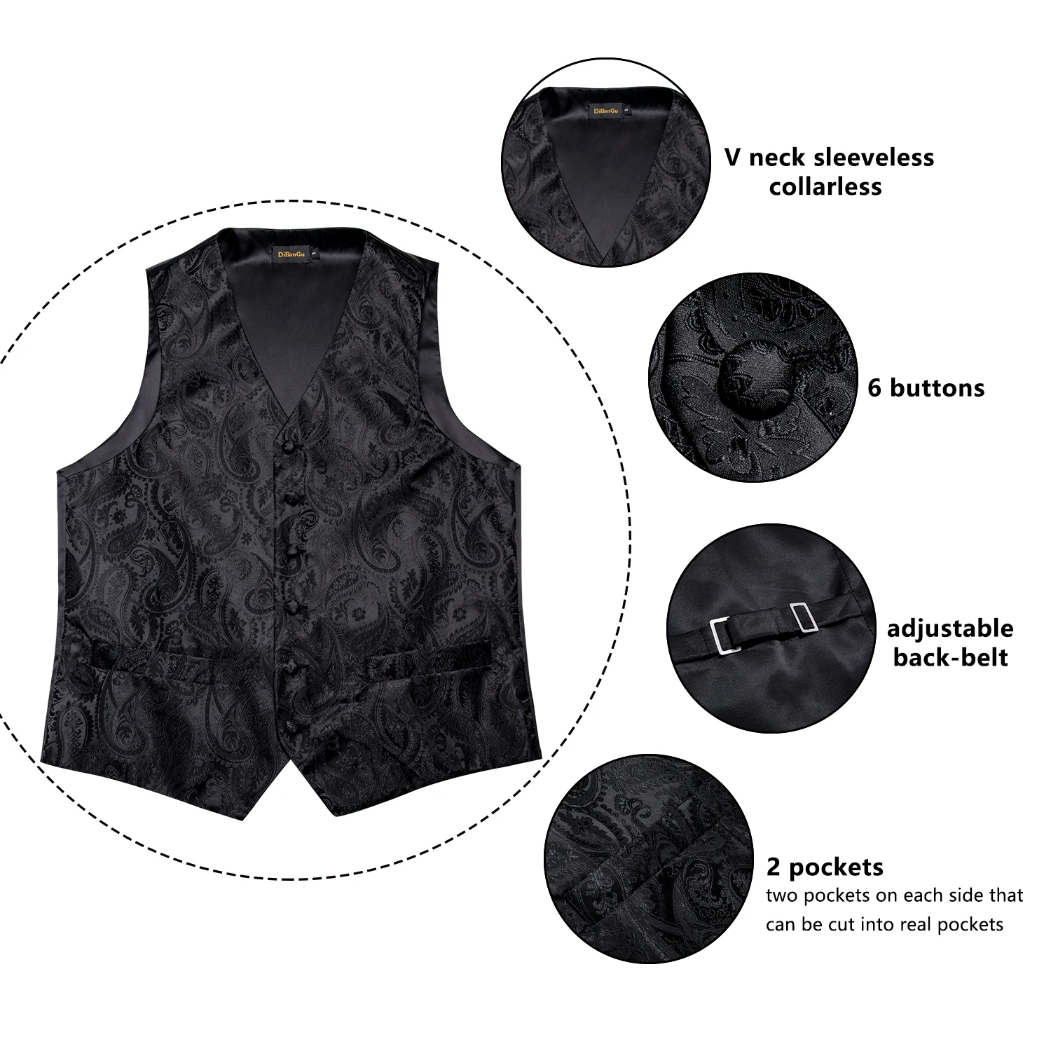 DiBanGu Black Paisley Fashion Wedding Men 100% Silk Waistcoat Vest Ties Pocket Square Cufflinks Set for Suit Tuxedo MJTZ-109