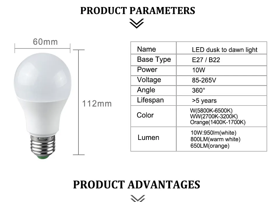 Sensor Light Bulb Dusk to Dawn LED Bulb 10W E27 B22 Automatic OnOff Yard Garage Garden (2)