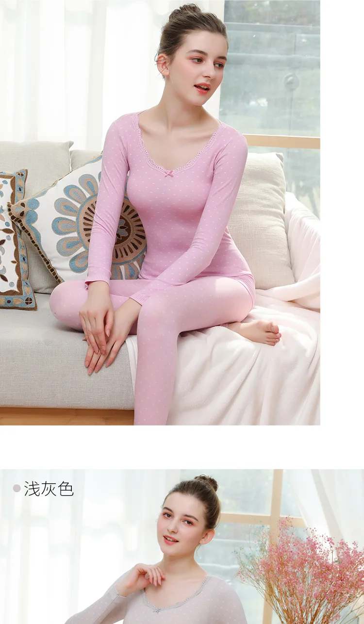 Winter New Woman Long Johns Set Round Neck Lace High Waist Slimming Beautiful Body Keep Warm Thermal Underwear Set