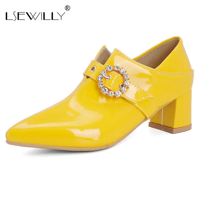 $US $30.99 Lsewilly Patent PU Leather Pointed Toe 5cm High Heels Yellow Fuschia Crystal Womens Shoes Pumps Extra Big Size 47 48 49 50