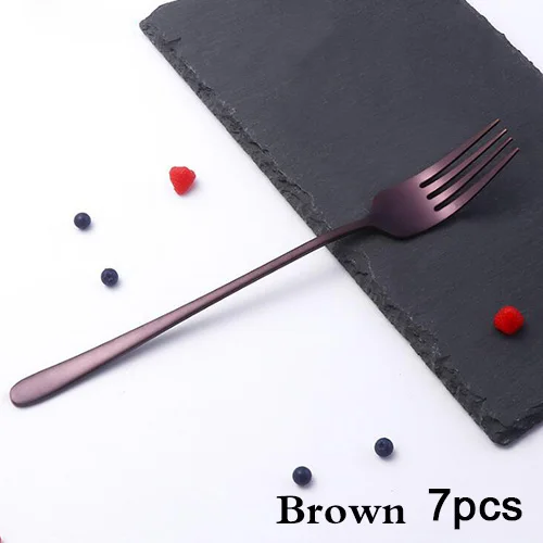 Brown 7pcs Корейская вилка для ужина из нержавеющей стали, яркая зеркальная полировка, с длинной ручкой, Десертная Вилка для десерта, салата, посуда - Цвет: Brown 7pcs