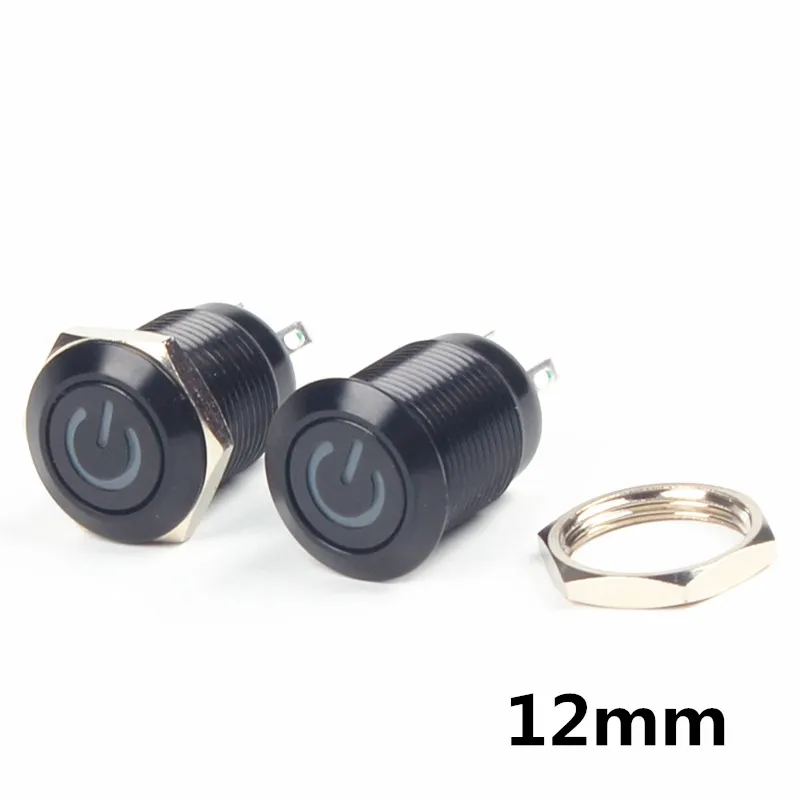 

Waterproof 3V 6V 12V 24V 48V 110V 220V 4 Pin 12mm Led Light Oxidation Black Power Symbol Metal Push Button Momentary Switch
