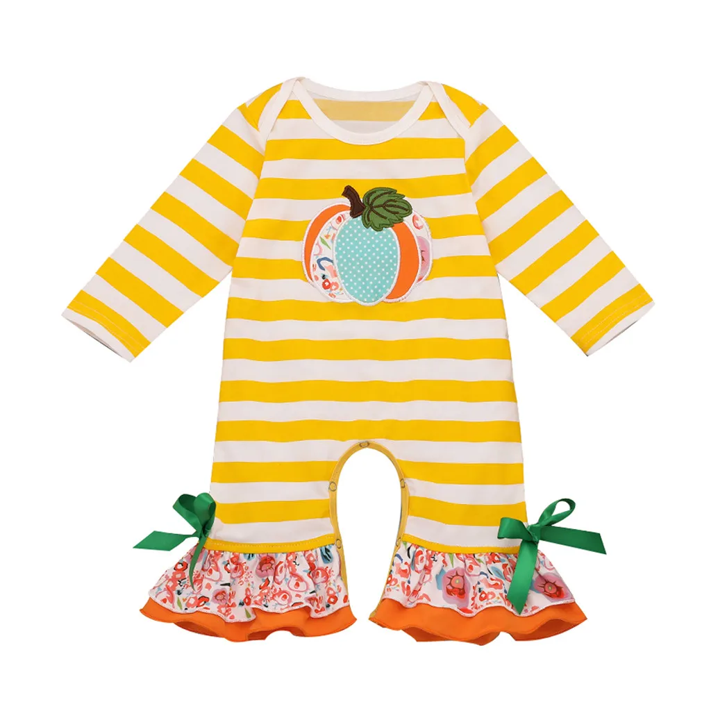Toddler Baby Kids Girls Fall clothes girls halloween outfits pumpkin Striped Ruched Jumpsuit Romper Clothes 9.4