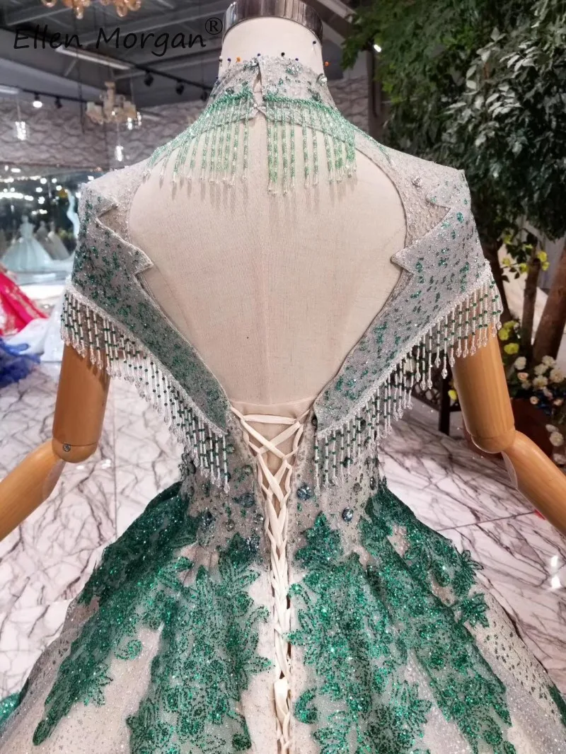 Свадебное платье с блестками из Саудовской Аравии для мусульманского темно-зеленого цвета, закрытый ворот Бисероплетение с блестками