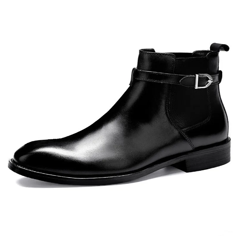 

Luxury Designer Mens Chelsea Boots Shoe Genuine Leather Dress Boots High Quality Cow Leather Pointy Hasp Ankle Boots