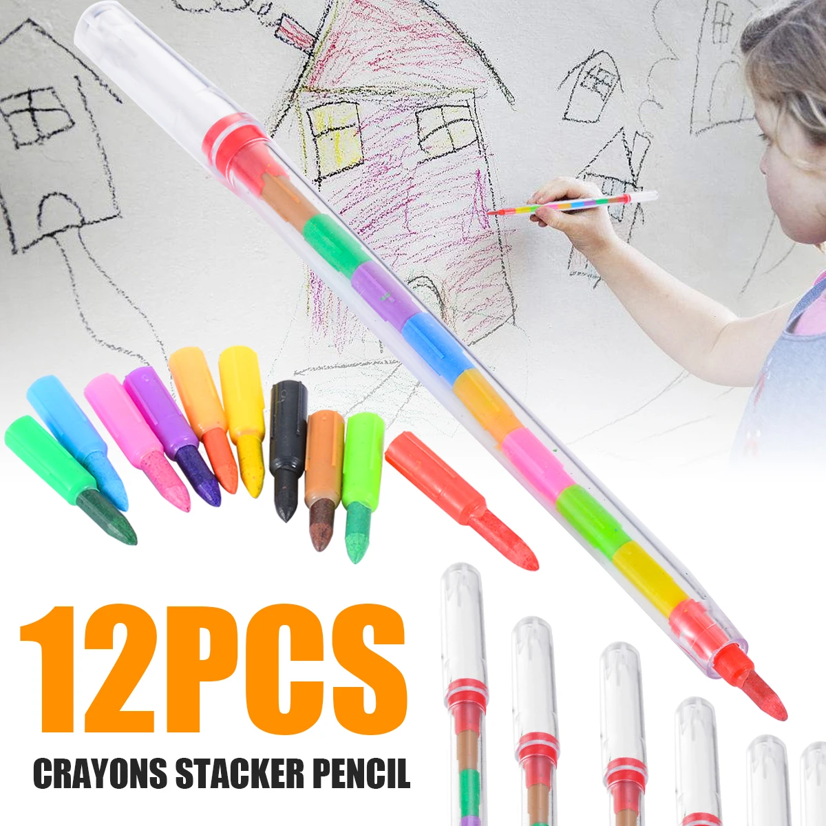12pcs Cratons Stacker Pencils Drawing Pen Children Painting Pencil Wax Crayon Art Painting Pen Kids Graffiti Crayons