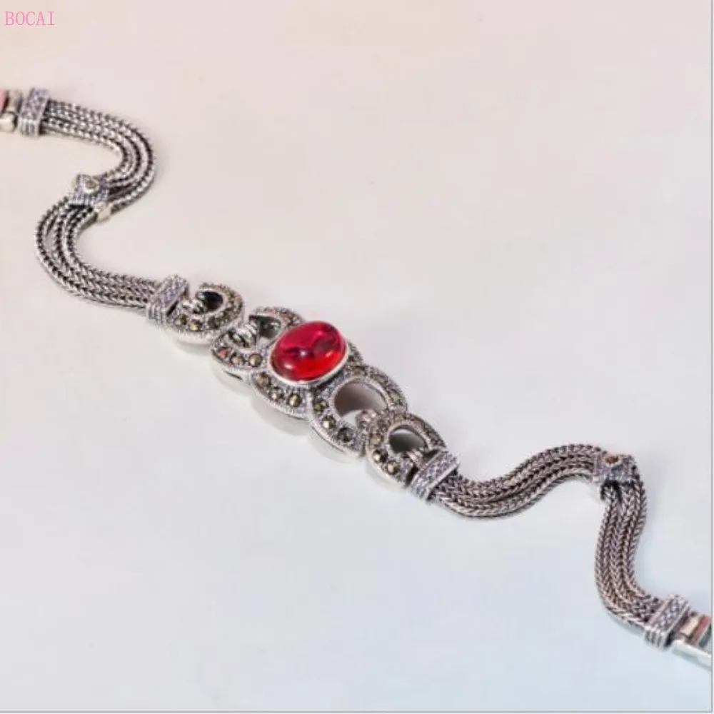 S925 чистого тайского серебра Античный суд Fengtai Серебряный Красный Корунд maxite цвет зеленый натуральный камень женский браслет для женщин