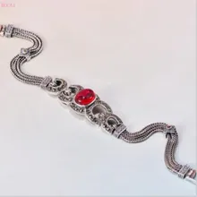 S925 чистого тайского серебра Античный суд Fengtai Серебряный Красный Корунд maxite цвет зеленый натуральный камень женский браслет для женщин