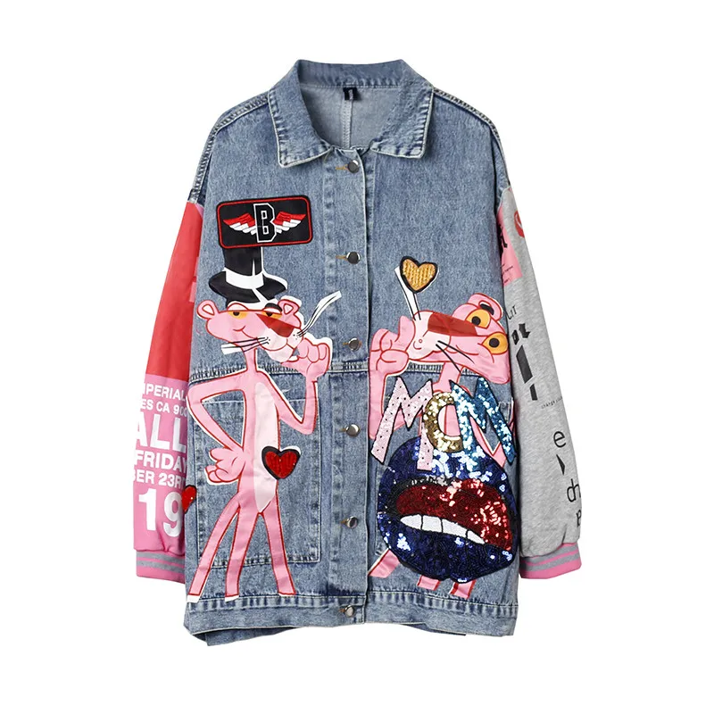 

Spring autumn fashion sequins cartoon leopard denim jackets loose Lady streetwear coats