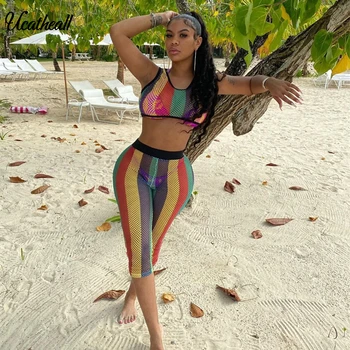 

New Hollow Out Net Two Piece Set Outfits For Women Summer Clothing Vintage Striped Crop Top+pants Suit Women Clothes Mujer