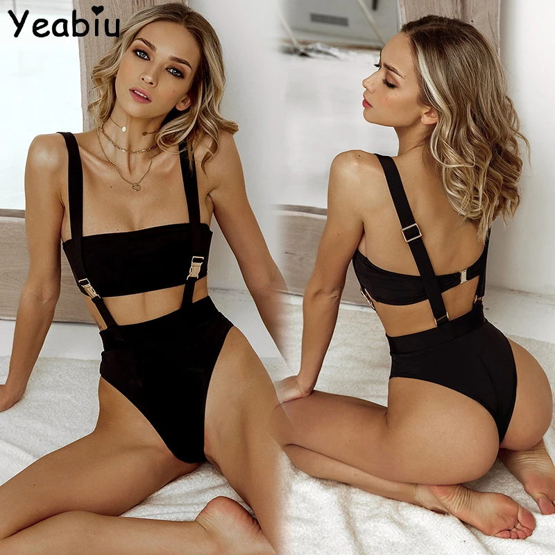 Новинка, Женский комплект бикини на бретельках, с металлической пряжкой, с высокой талией, черный, белый цвет, купальный костюм, бикини, сексуальный женский купальник, монокини
