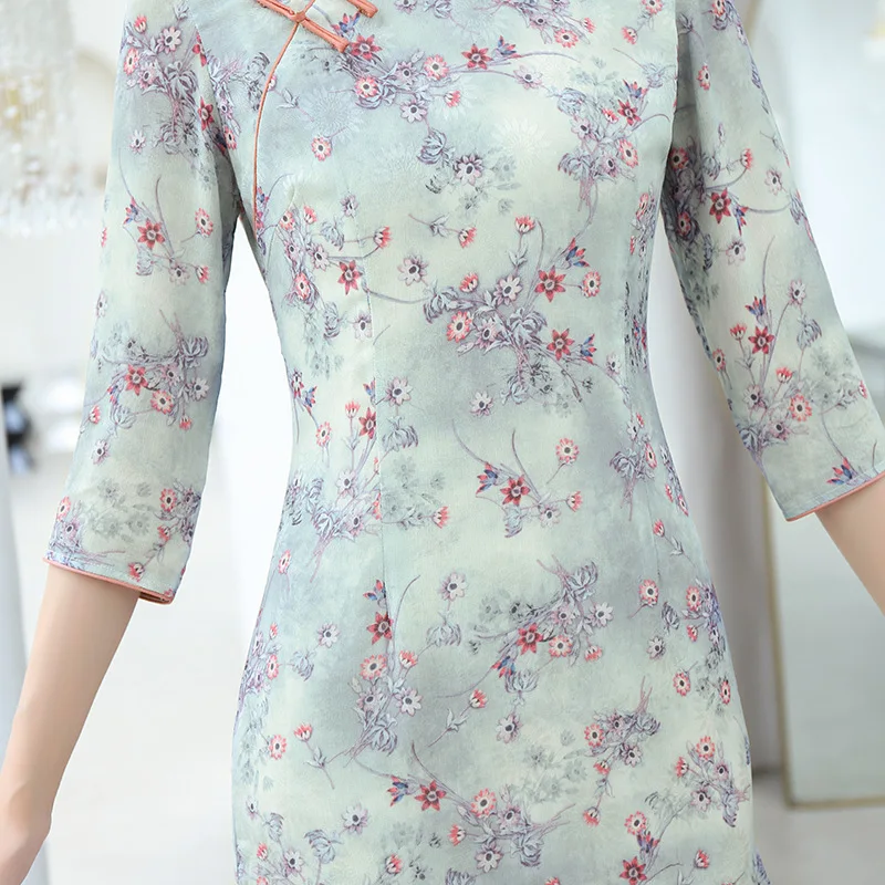 Сексуальное Женское Платье До Колена Cheongsam весеннее китайское стильное платье с рукавом три четверти женское хлопковое платье Qipao тонкое вечернее платье Vestido