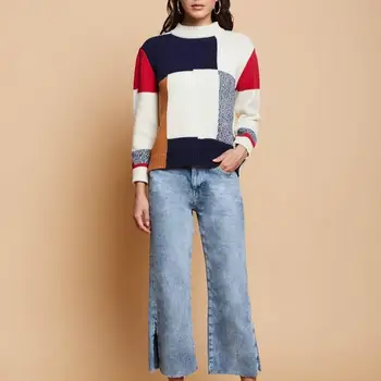 

2019 Women's Autumn Winter Multicolor Patchwork Sweater O-Neck Long Sleeve Knit Pullover Casual Loose Sweater Pullover