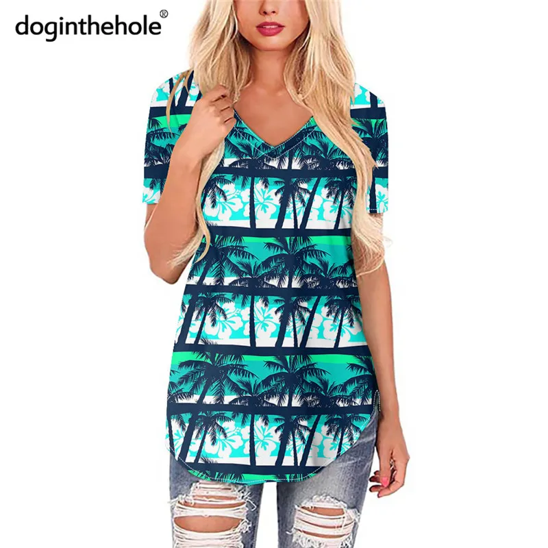 

Doginthehole 2020 Stylish Gradient Tunic Tops For Women Hawaii Hibiscus Palm Tree Pattern V-Neck Summer Casual Short Sleeve