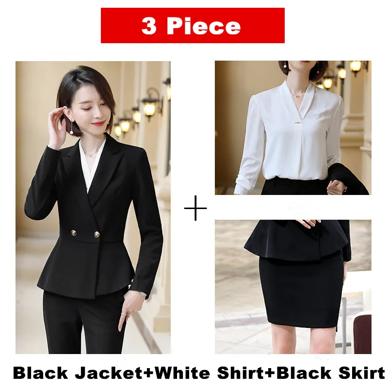 black 3 pcs-2 Красный костюм юбка костюм женщина офис профессиональный костюм темперамент годовой встречи Женская Синтетическая ткань костюм для работы YS8019108 - Цвет: black 3 pcs-2
