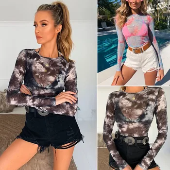 

hirigin Women Mesh Print See Through O-neck T-Shirt Clubwear Bodycon Slim Long Sleeve Crop Tops Transparent Blouse Beach T-shirt