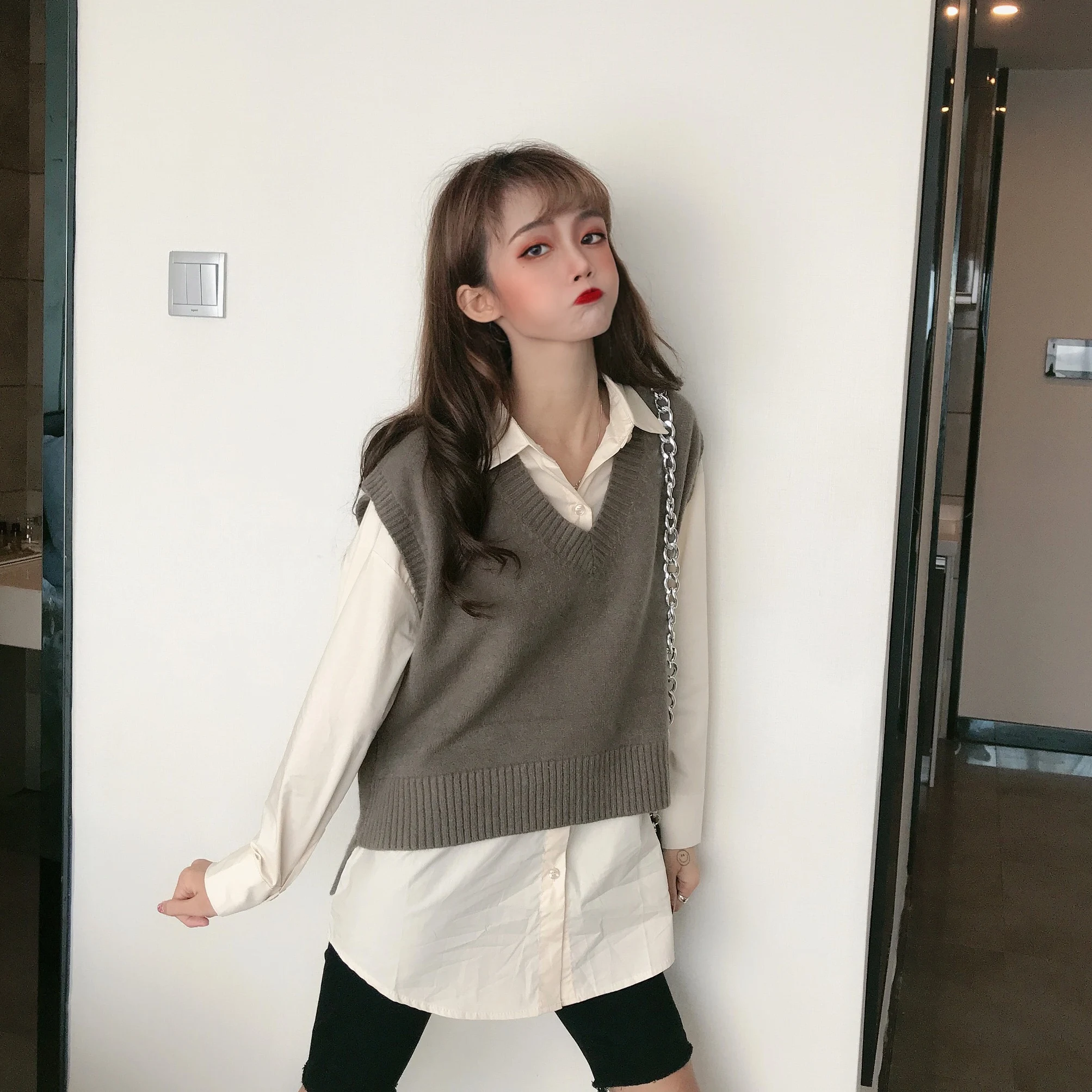 Harajuku Lazy Wind, женские свитера, Осенние, свободные, корейский стиль, нестандартный v-образный вырез, Женский Однотонный свитер, жилет, Chaleco sueter