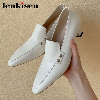 

Lenkisen natural leather small square toe med heel rivet decorations office lady daily wear deep mouth slip on women pumps L01