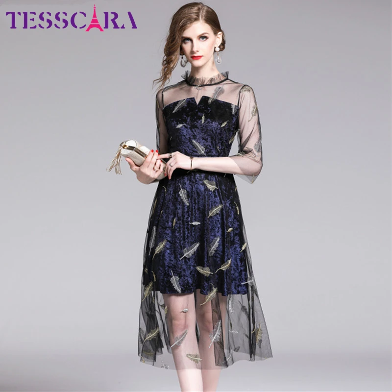 Tesscara Для женщин Элегантная Вышивка Вечерние платье Festa женский высокое качество бархатный халат Femme перо дизайнерское платье в сетку, Vestidos