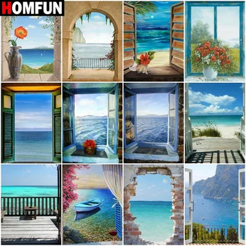 

HOMFUN Diamond Painting Cross Stitch "Window sea landscape" Full Square Round Diy 5d Diamond Embroidery Picture Rhinestone Art