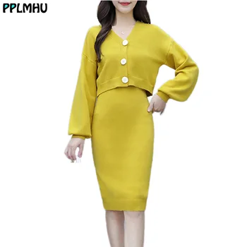 

Fashion suit two-piece dress lantern sleeve tops knit skirt women winter casual solid color short cardigan and mid-length skirt