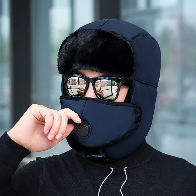 Navy blue Зимние шапки для мужчин и женщин, меховая шапка с ушками, Русская Шапка-ушанка, простая модная шапка Gorros - Цвет: Navy blue
