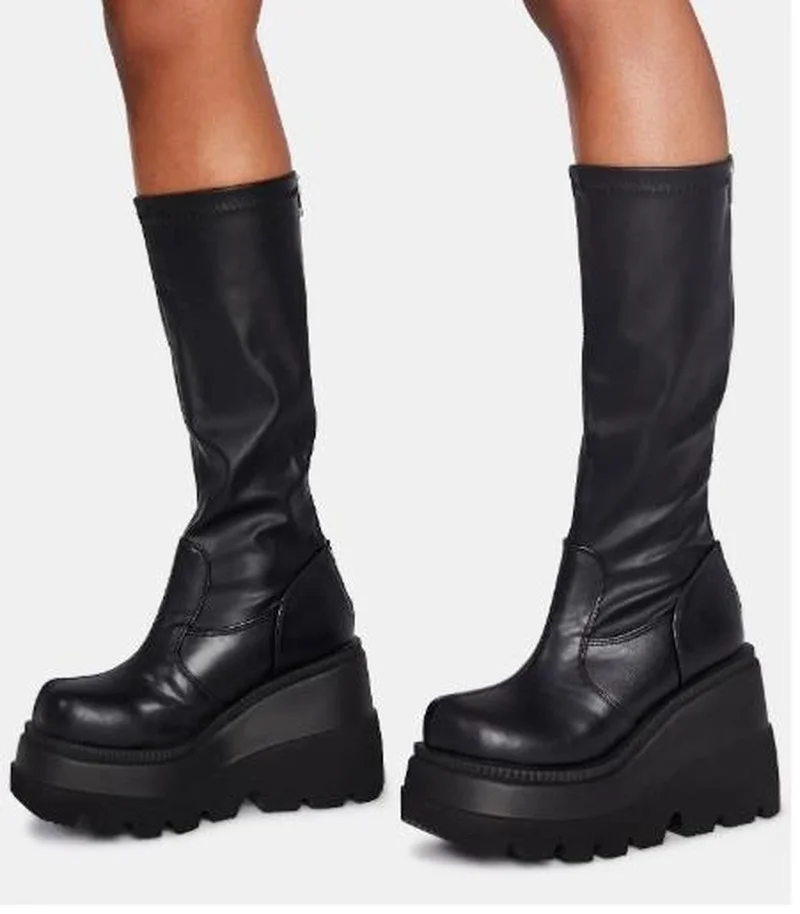 Details about   Women Fashion Punk Patent Leather Thick Sole Platform Mid Calf Boots Outdoor L