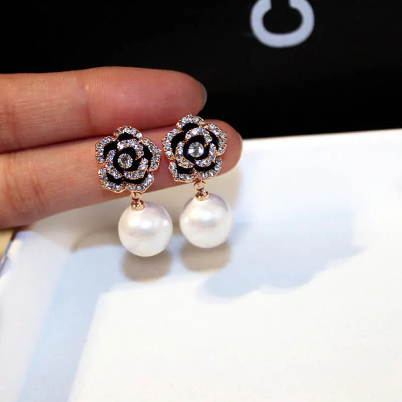 Exquisite Flowers Pearls Luxury Famous Brand Boucles Jewelry Earrings For  Women Rhinestone Rose Fancy Earring
