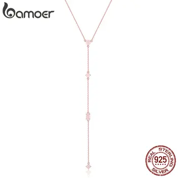 

BAMOER 100% 925 Sterling Silver Elegant Rose Gold Pink CZ Long Chain Link Necklaces Pendant for Women Silver Jewelry SCN306