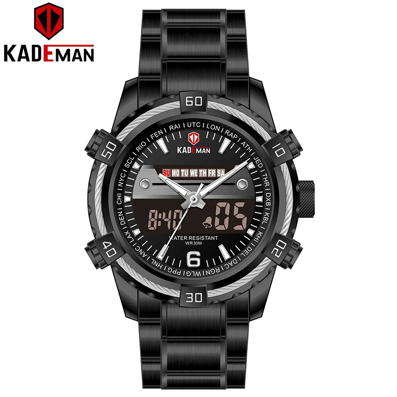 Black Black KADEMAN, брендовые часы для мужчин, электронные, с двойным дисплеем времени, нержавеющая сталь, военные, спортивные часы, новинка, Relogio Masculino K6173G - Цвет: Black Black