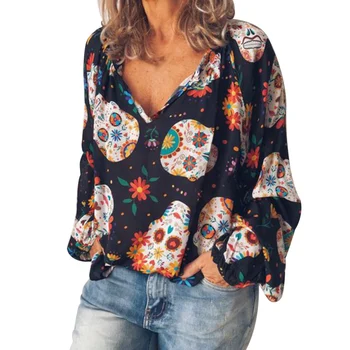 

Casual Printed Chiffon Women Blouse and Tops Fashion Puff Long Sleeve V-Neck Blouse Blusas High Street Lady Shirts Clothes
